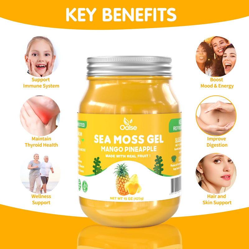 Sea Moss Gel Mango Pineapple Flavor, Natural Raw Seamoss Gel, 15 OZ | with 92 Minerals and Vitamins, Non-GMO, Gluten-Free, Vegan 15 Ounce (Pack of 1)