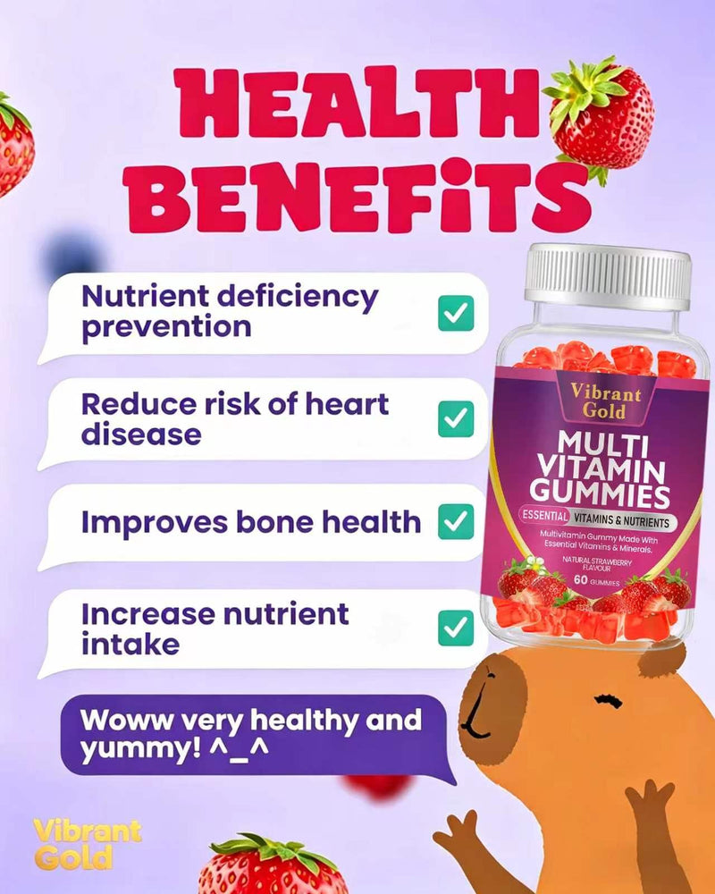 Multivitamin Gummies for Women & Men - 13 Ingredients -60 Gummies - 1 Months Supply - Natural Strawberry Flavour - Vitamins & Minerals Like VIT C, D3, B6, B7, B12 & Zinc -for Adult