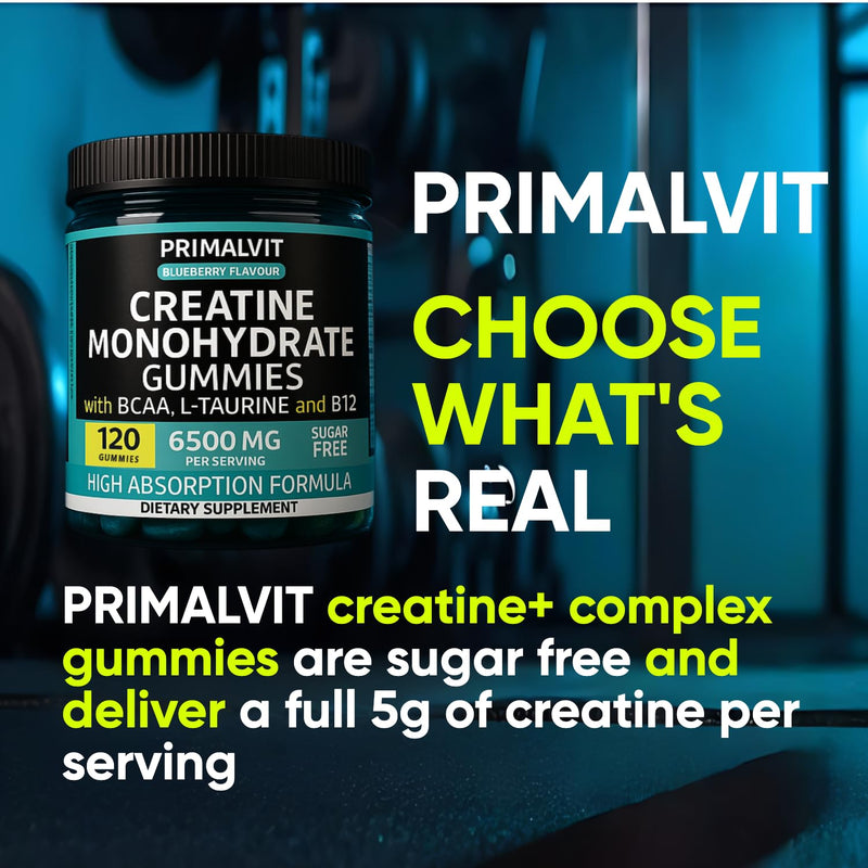 120 Creatine Gummies 6500mg Sugar-Free Complex – 40-Day Supply – Pre-Workout Creatine Monohydrate + BCAA, L-Taurine, B12 – Max Strength Chewable Gym Supplement Vegan Gummy Chews Men & Women Primalvit