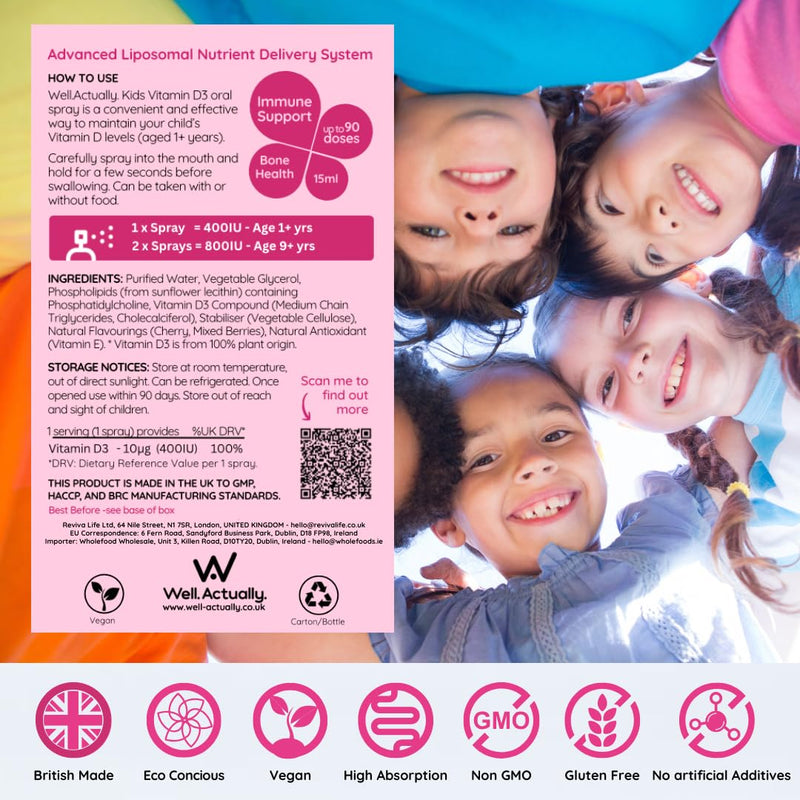 Kids Liposomal Vitamin D3 Spray 400 IU - Vegan VIT D Spray for Children - Immune System, Bones & Teeth Support - High Bioavailability Supplement, 90 Sprays | Cherry Berry KIDS VIT D3 Cherry Berry