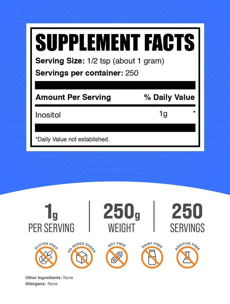 BulkSupplements.com Inositol Powder - Inositol Supplement, Vitamin B8 Supplement - Unflavored & Gluten Free, 1g per Serving, 250g (8.8 oz) (Pack of 1) 8.75 Ounce (Pack of 1)