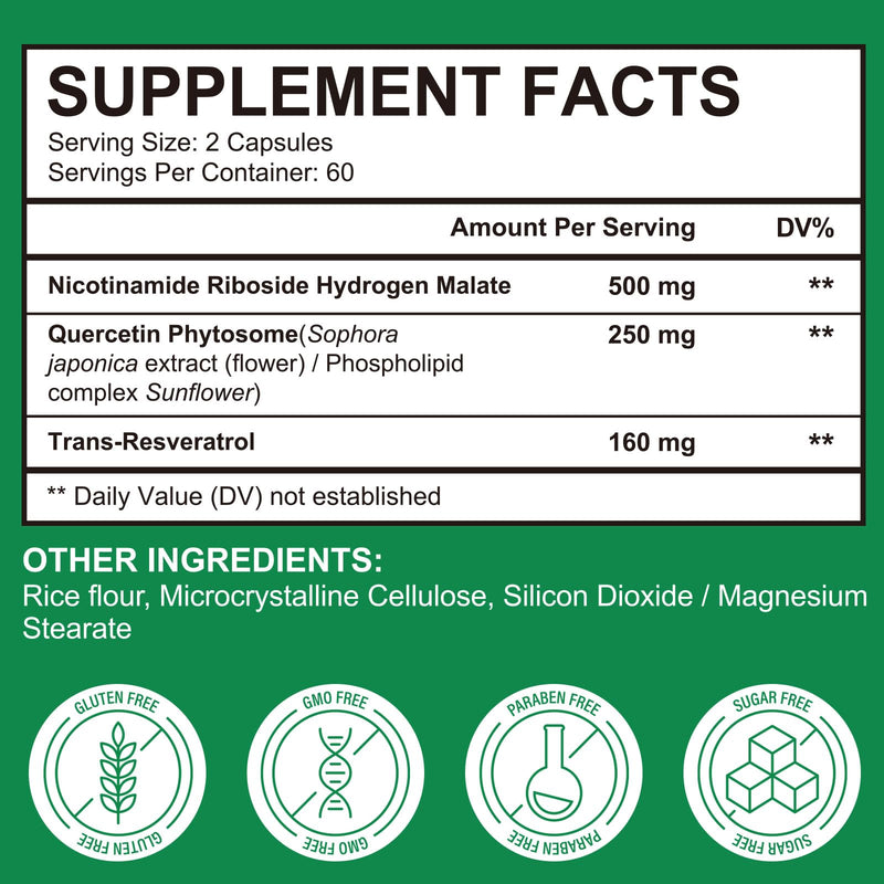NAD+ Supplement with Nicotinamide Riboside 910mg, Resveratrol Supplements - Anti-Aging, Energy & Cellular Health Support - 120 Capsules - Gluten-Free, Vegan