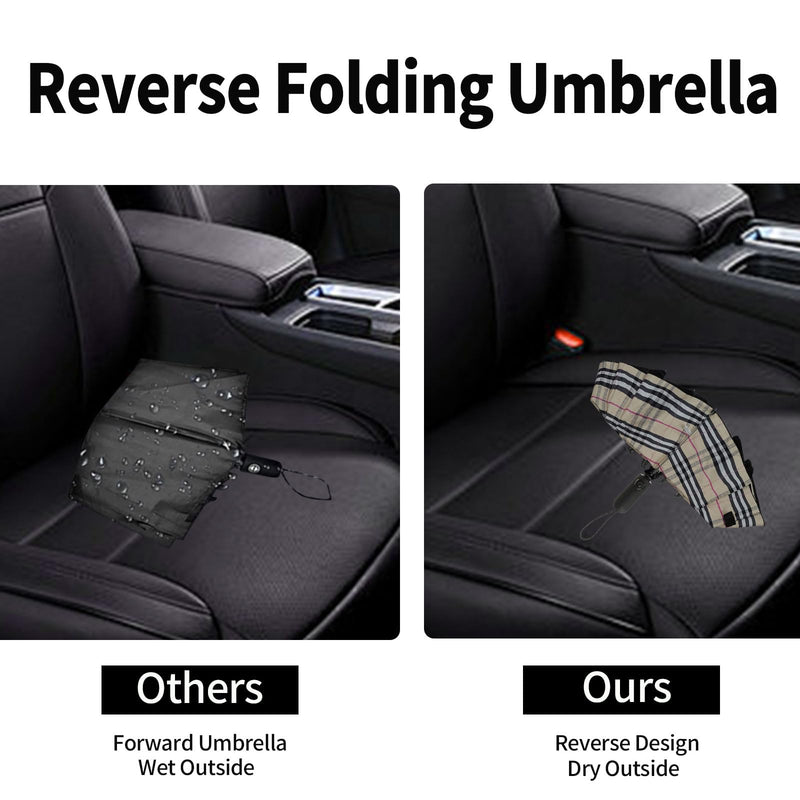 ZDSSM Umbrella Travel Large Windproof Inverted Umbrellas for Rain Portable Automatic Small Compact Reverse Folding Umbrellas for Women Men (Yellow Plaid & Wine)