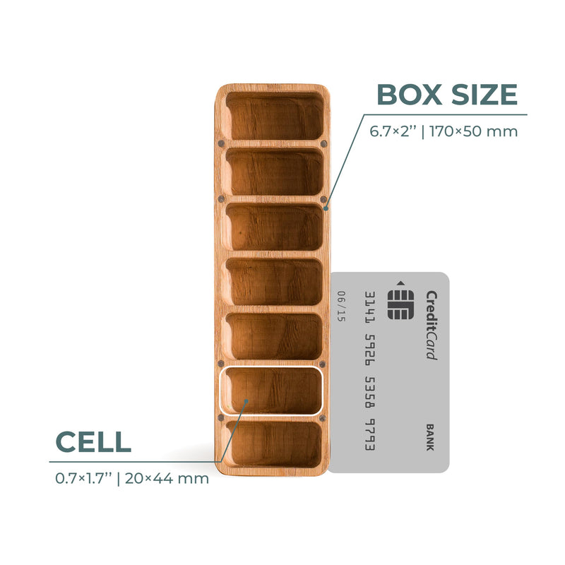 Makety Wooden Pill Organizer, Rectangular Oak Pill Box with Magnetic Lid, 7 Day Vitamin Case, Natural Finish, Plastic-Free (L) L