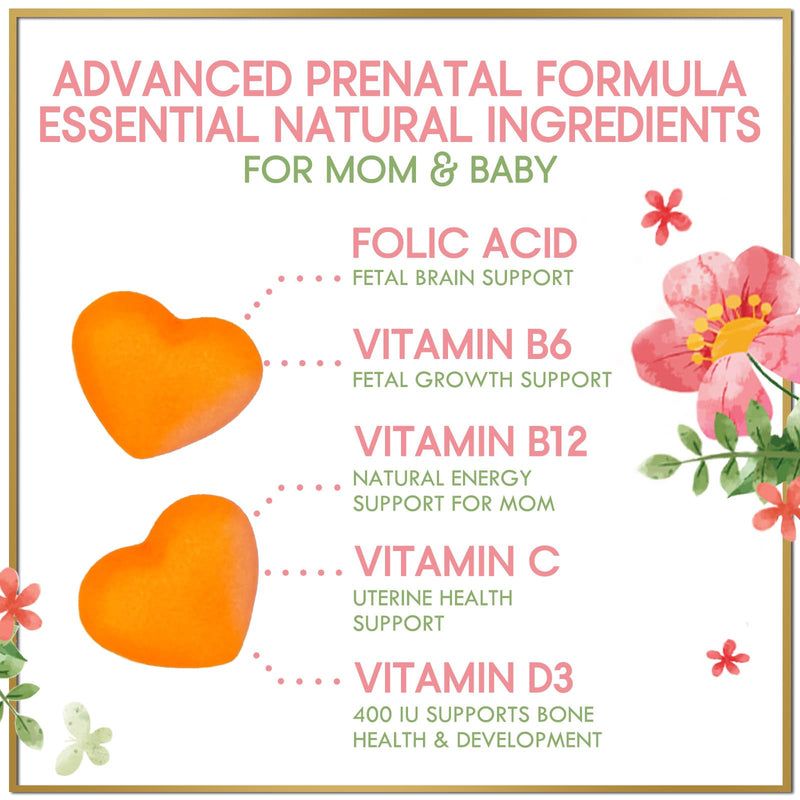 Prenatal Vitamins for Women – Complete Pregnancy Multivitamin - Folic Acid, Omega 3 DHA, Choline, Vitamin D – Essential Support for Mom's & Baby Brain Development - Tasty Orange Flavor - 60 Gummies 60 Count (Pack of 1)