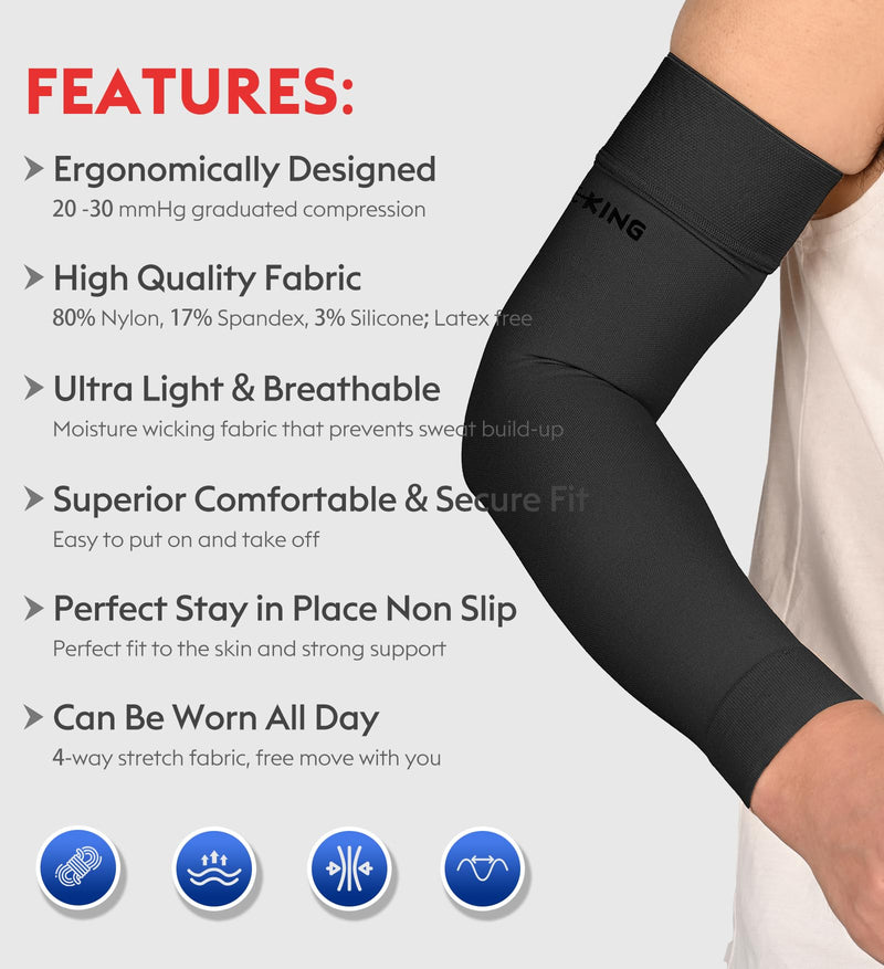 [Australia] - Lymphedema Compression Arm Sleeves with Silicone Band for Men Women (Pair), 20-30 mmHg Graduated Compression for Lipedema, Edema, Post Surgery Recovery, Swelling, Pain Relief, Black S Small (1 Pair) 20-30mmhg Black (With Silicone Band) 