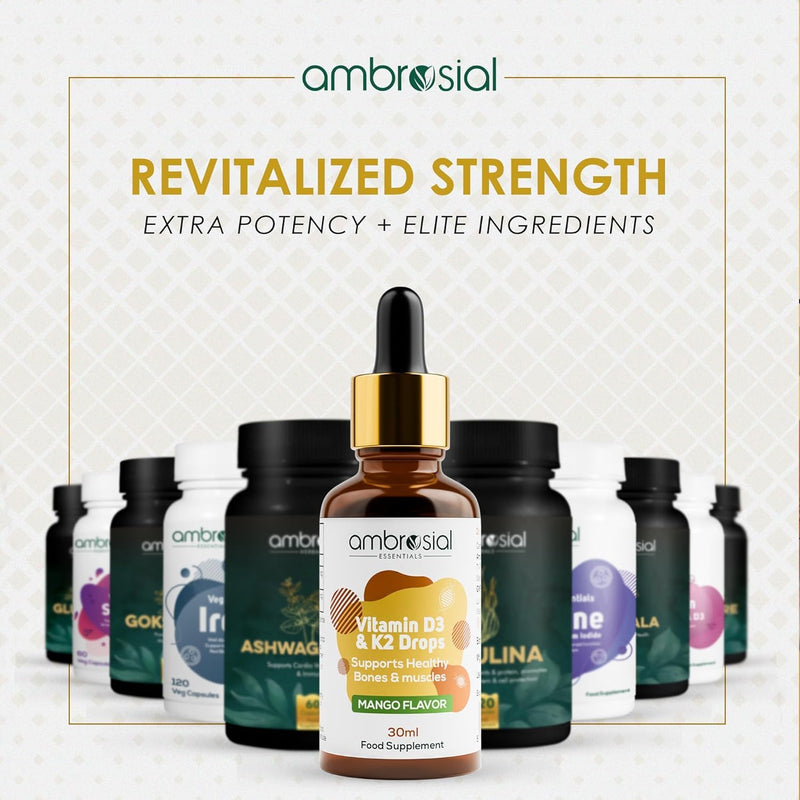 Ambrosial Vitamin D3 + K2 Drops – High Strength Liquid Supplement for Adults & Kids – 500 IU Vitamin D3 + 50 mcg Vitamin K2 – Mango Flavour, Gluten Free, Non-GMO, Easy-to-Take Vitamin D Liquid – 30 ml 30 ml (Pack of 1)