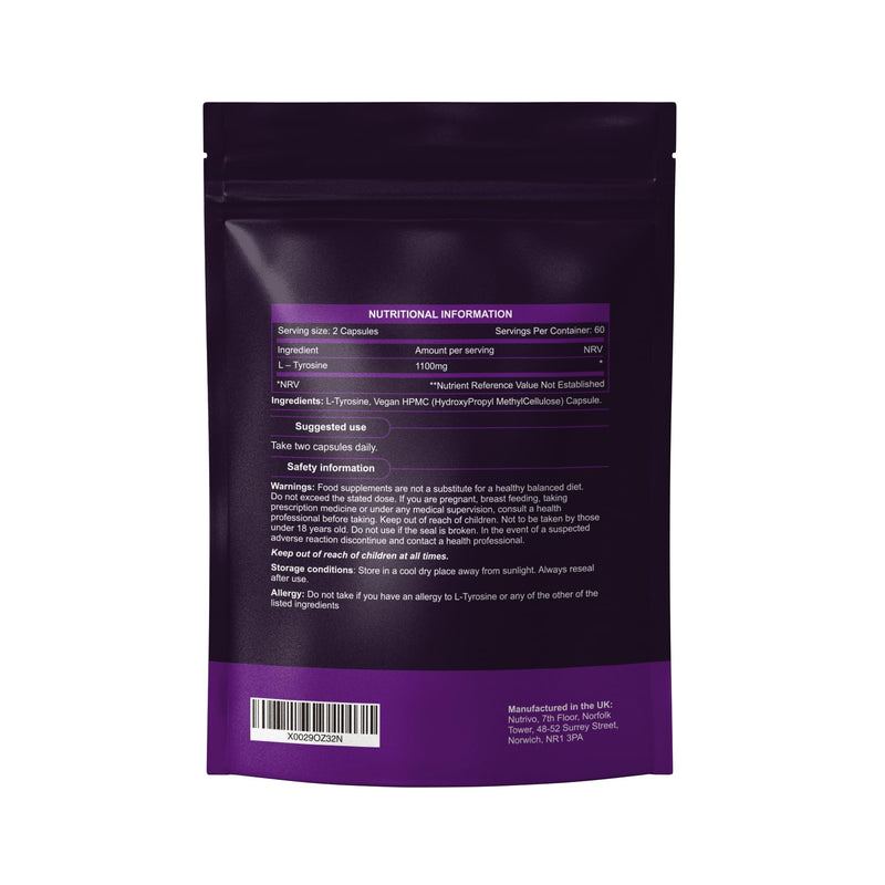 L Tyrosine 1100mg (Per 2 Capsule Serving) | 120 L-Tyrosine Capsules - 2 Months Supply | Supports Dopamine, Focus & Mental Clarity | Vegan, Non-GMO & UK Made