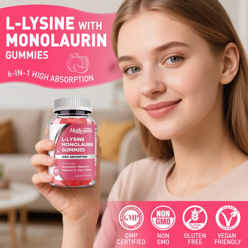 L-Lysine Monolaurin Gummies for Adults & Kids, Peach Flavor, 60 Ct | Monolaurin and Lysine 1000mg Supplement, with Vitamin C, Zinc, Selenium & Quercetin