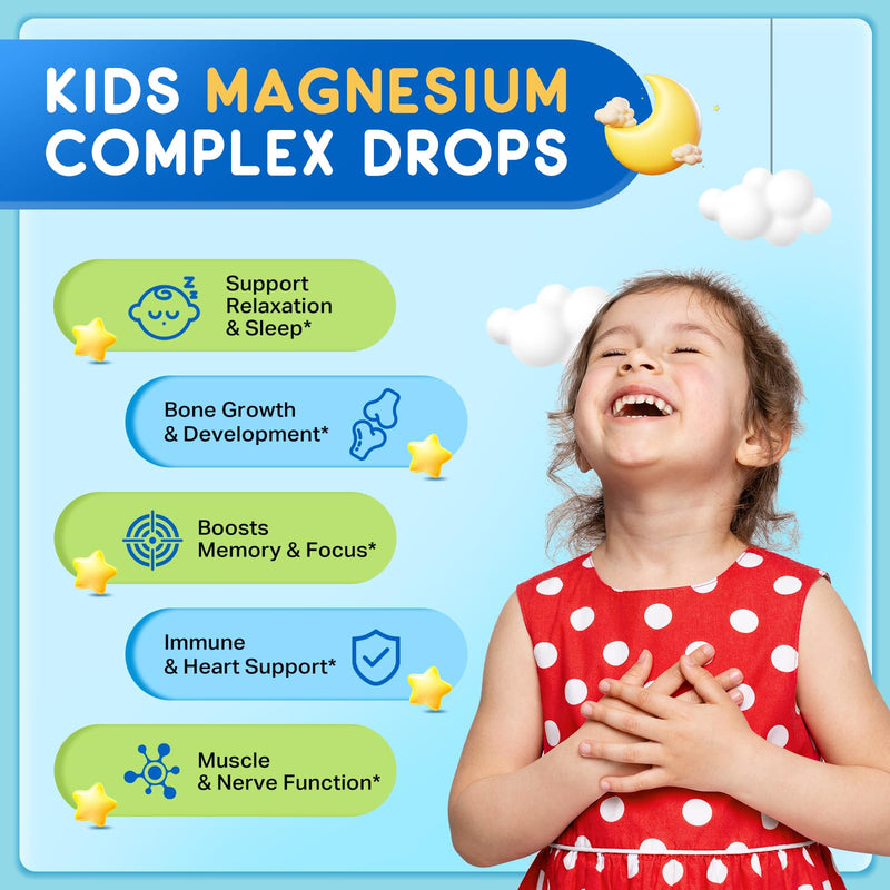 Magnesium Glycinate Liquid for Kids, Kids Magnesium Liquid Drops Supplement with L-Theanine, Calcium, Zinc, Vitamin D3 K2 for Sleep Calm Relaxation Brain Bones Focus, Lemon Flavor 2 Fl Oz 2 Fl Oz (Pack of 1)