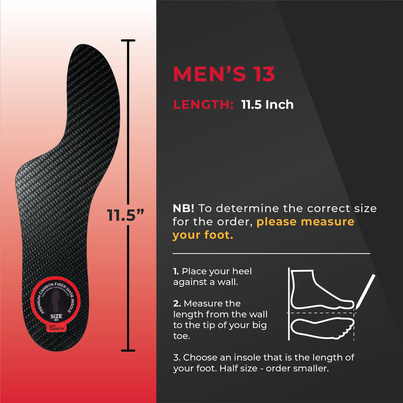 Carbon Fiber Insole - 1 pc, Men 13 - Mortons Extension - Orthotic Insole - Rigid Shoe Insert - Foot Arch Support - Turf Toe Stiff Plate - FSA Eligible - Thin Sport Sole Men's 13