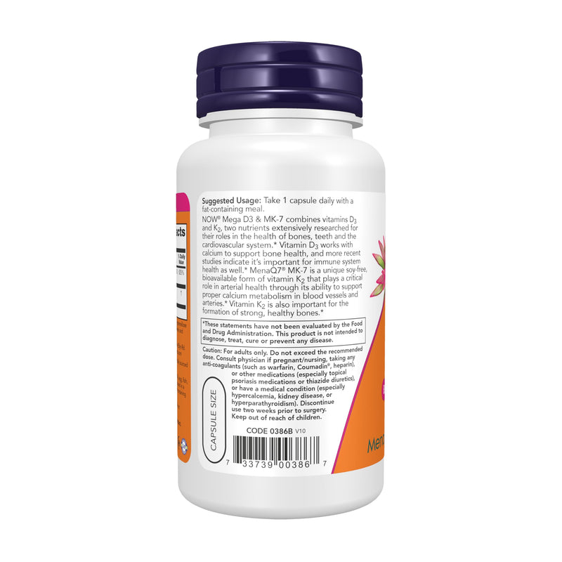 NOW Supplements, Mega D-3 & MK-7, 5000 IU / 180 mcg, Bone & Cardiovascular Support*, Vitamins K-3 & K-2, 120 Capsules 120 Count (Pack of 1)
