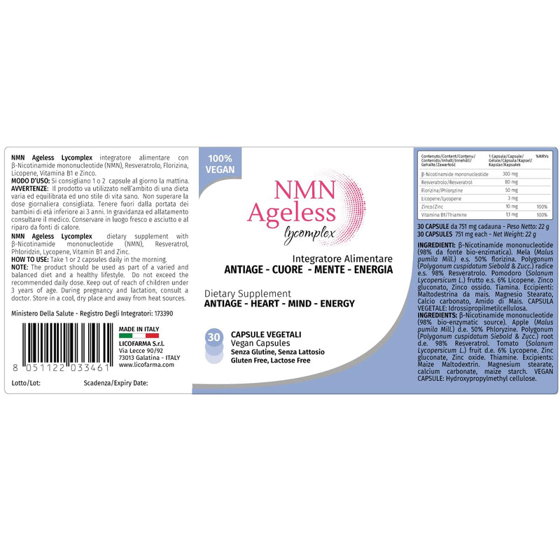 NMN Ageless Lycomplex | Anti-Aging and Antioxidant Supplement | Enhanced Formula with Nicotinamide riboside, Resveratrol, Phlorizin | Physical and Mental Support | 30 Vegetable Capsules