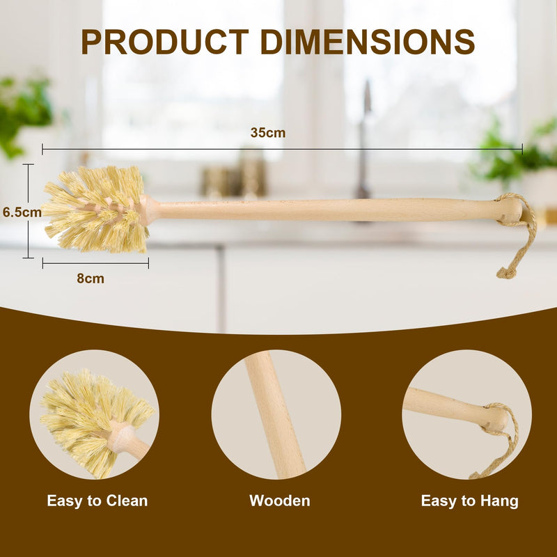 [Australia] - 2-Pack Natural Wooden Bottle Brush with Sisal Bristles, Long Handle Bottle Brush Cleaner for Wide Mouth Jars, Water Bottles, Cups, Glasses, Baby Bottles (Non-Scratch) 