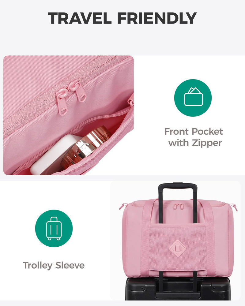 WANDF Personal Item Travel Bag 18x14x8, Carry On Duffle Bag for Women | Frontier Underseat Fit, Weekend Overnight Trips, Wet Pockets, Lightweight Flight Essentials A-Pink