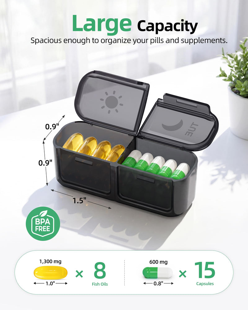 PULIV Light-Proof AM/PM Pill Organizer, Face-Up Labels for Easy Tracking | Portable Pill Organizer 2 Times a day, Pill Box 7 Day, Pill Case for Vitamins, Medication, Supplements and Fish Oils, Black