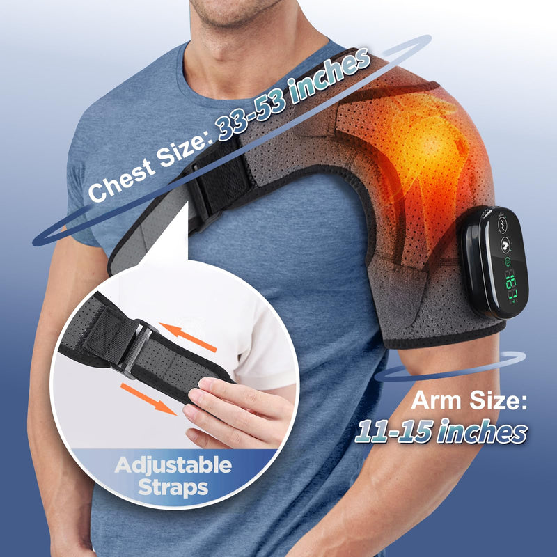 Cordless Heated Shoulder Brace with Vibration, 3 Heat & Massage Settings, Shoulder Heating Pad for Pain Relief, Adjustable Shoulder Warmer for Men and Women(Grey)