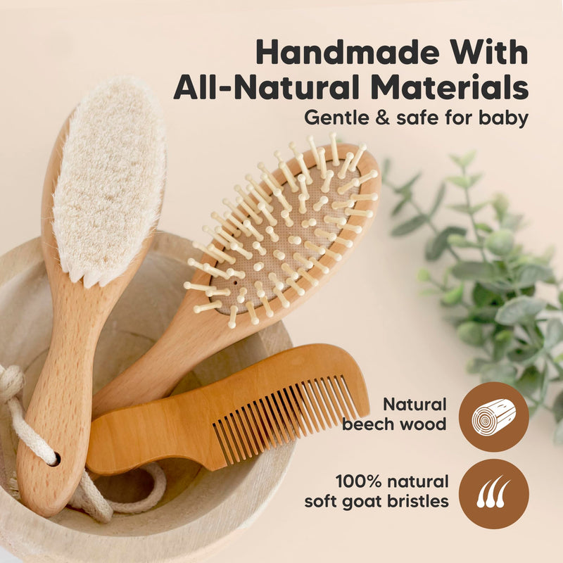 [Australia] - Baby Hair Brush and Comb Set for Newborn - Wooden Baby Hair Brush Set with Soft Goat Bristle, Baby Brush Set for Newborns Baby Brush and Comb Set Girl, Boy, Toddler Cradle Cap Brush (Oval, Walnut) Oval 
