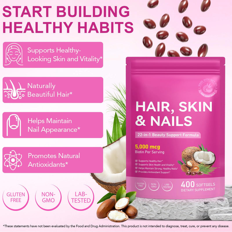 Biotin Hair Growth Supplement, Hair, Skin and Nails Vitamins Softgels, 22 in 1 5000 mcg Biotin, Collagen, Hyaluronic Acid, Keratin, Argan Oil, Vitamins A, C, E, & Complete B Vitamins- 400 Softgels