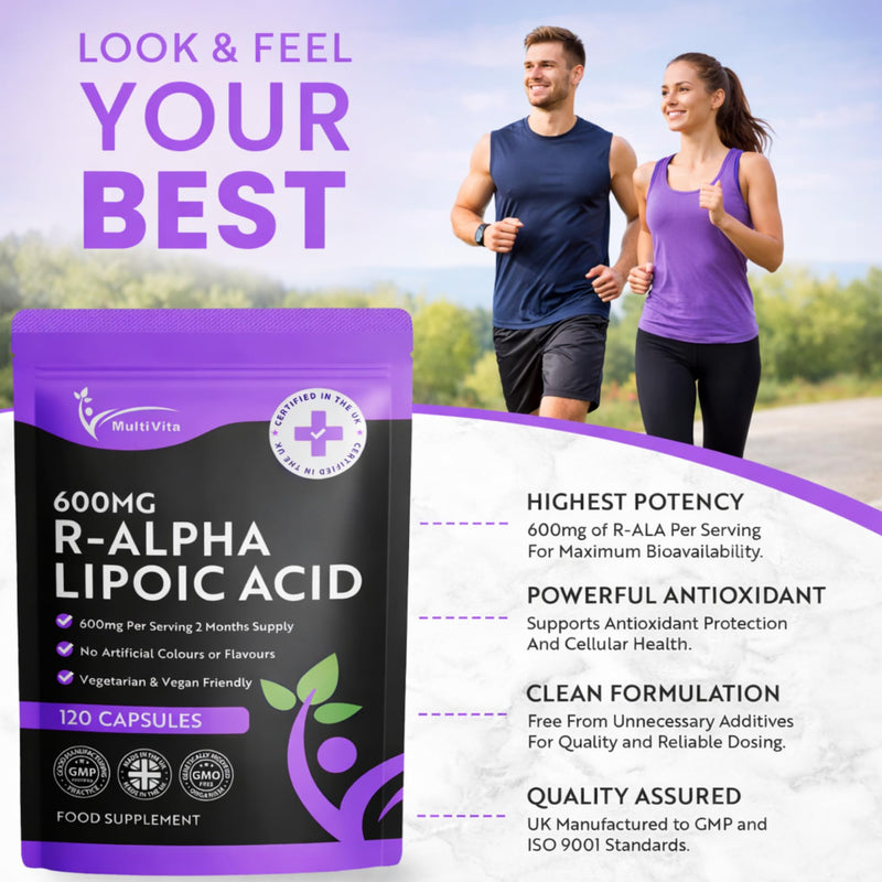 R-Alpha Lipoic Acid R-ALA 600mg Per Serving 120 Capsules High Strength Antioxidant Supplement, Contains Only the R Form, Non-GMO, UK Manufactured to GMP Standards