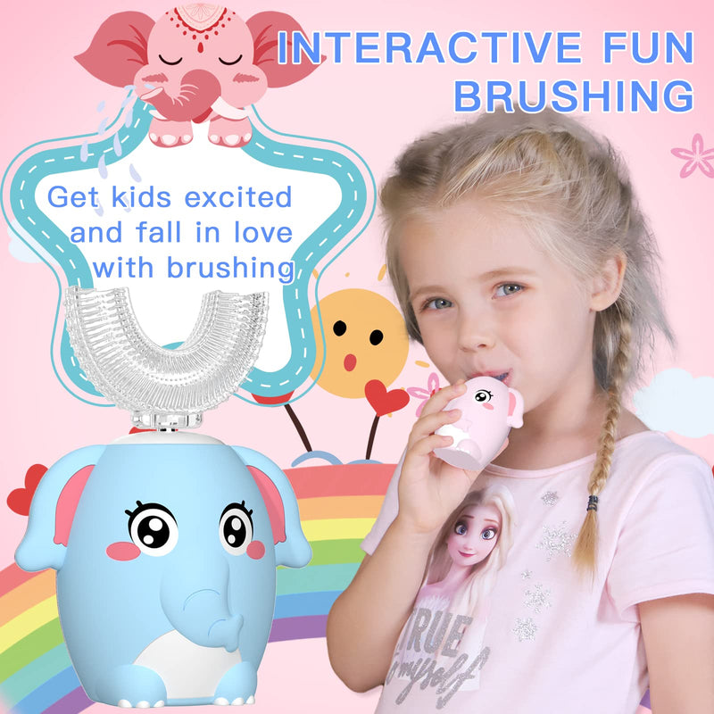 [Australia] - Kids Electric U Shaped Toothbrush Children Rechargeable Sonic Toothbrush with 4 Brush Heads Full Mouth 6 Cleaning Modes - (Age 2-7 Blue) Blue Elephant（Ages 2-7） 