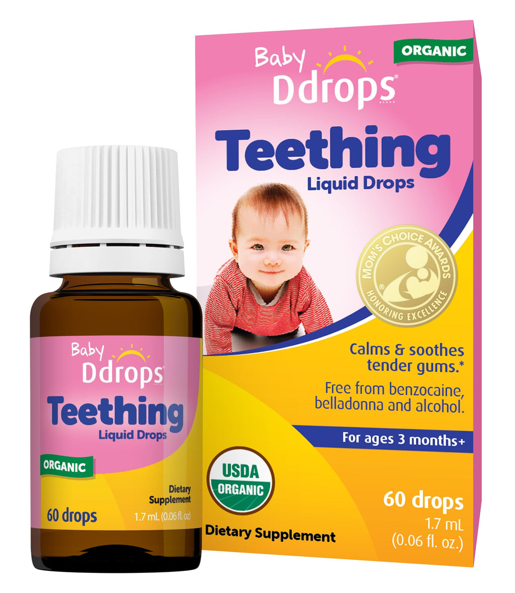 Ddrops Baby Organic Teething Relief Liquid, Calms and Soothes Baby's Tender Gums Naturally, Easy-to-Use Drop Format, 3 months +, 60 Drops