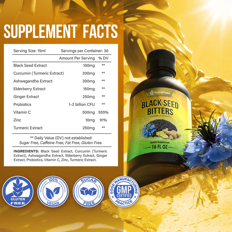 Black Seed Oil Bitters Liquid - Premium Herbal Blend with Black Seed Extract, Curcumin (Turmeric Extract), Ashwagandha, Elderberry, Probiotics, Vitamin C, Zinc...16 fl oz | Natural Botanical Blend Black Seed Bitters 16 Fl Oz (Pack of 1)
