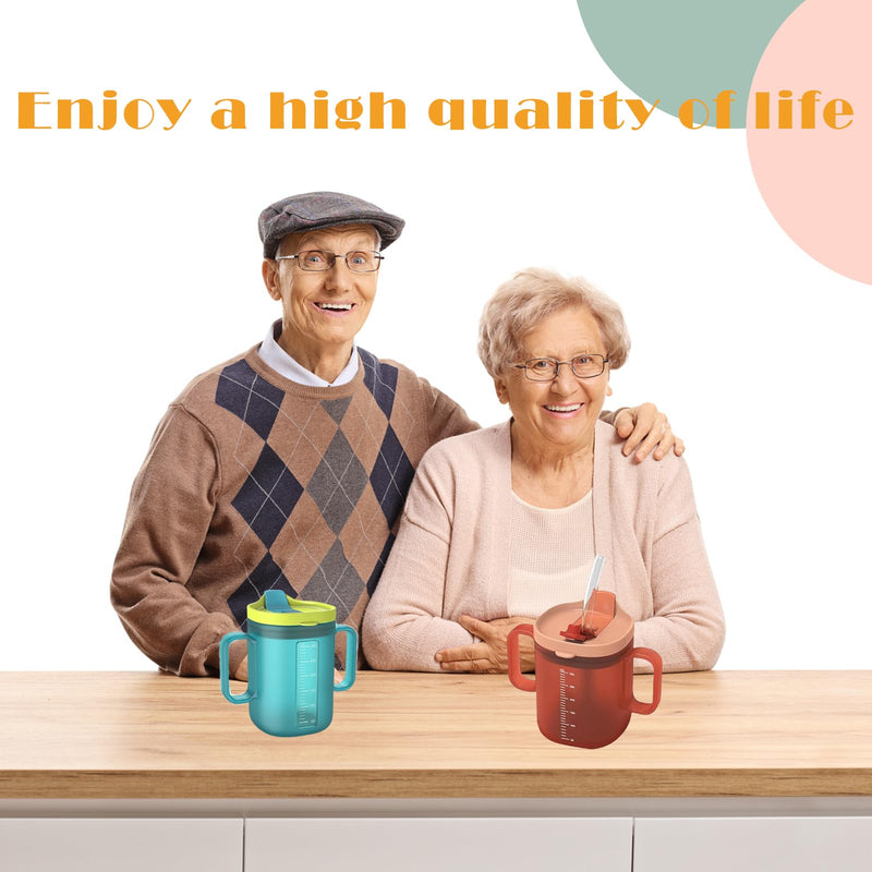 Spill Proof Sippy Cups for Seniors & Adults -10.2oz(300ml) Non-Spill Cups with 2 Handles & Straw Lid, Elderly Drinking Cups for Patients, Disabled, Pregnant Women, Dishwasher Safe (Blue)