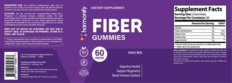 Fiber Gummies 5g Soluble Fiber Per Serving | Daily Dietary Fiber Supplement for Digestive Health & Gut Support | Low Calorie, Polydextrose Formula | 60 Gummies – 30 Day Supply