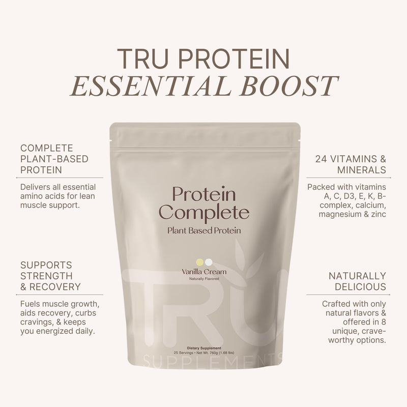 TRU Supplements Plant Based Protein Powder, BCAA, EAA, 20g Vegan Brown Rice & Pea Protein, 100 Calories, 27 Vitamins, No Artificial Flavors 25 Servings (Vanilla Cream) Vanilla