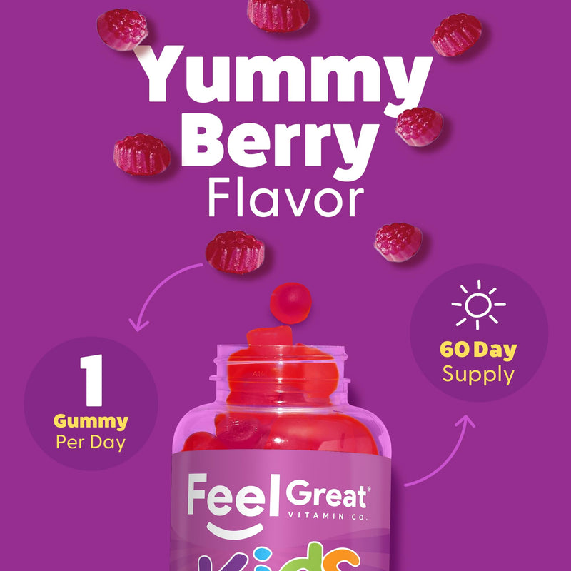 Feel Great Kids Magnesium Citrate Gummies, Calm Support, 60 Count | Magnesium Citrate for Calm Support, Natural Berry Flavor, Ages 4+, Kids Gummy