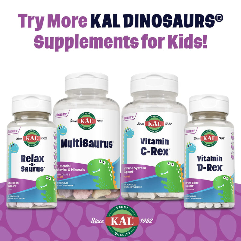 KAL MultiSaurus Kids Chewable Multivitamins, 11 Essential Vitamins and Minerals for Kids, Berry, Grape, Orange Chewables, Gluten and Fructose Free, 180 Servings, 180 Dinosaur-Shaped Chewables 180 Count (Pack of 1)