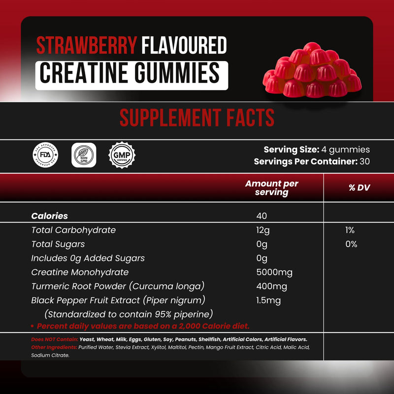 Sugar-Free Creatine Monohydrate 5000mg Gummies, 120 Count, Strawberry Flavour, High-Strength Creatine Gummy Supplement for Workout & Gym Support for Men & Women