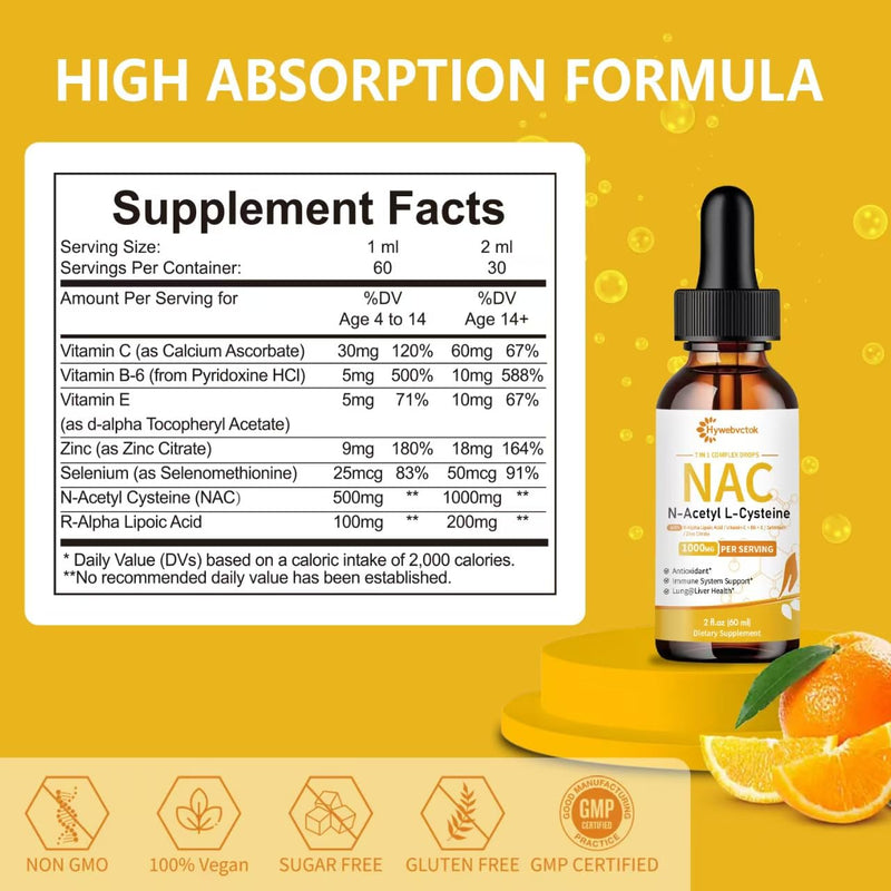 [Australia] - Liquid NAC Drops 1000 MG, NAC Supplement N-Acetyl Cysteine with R-Alpha Lipoic Acid,NAC for Kids & Adults, Immune & Antioxidant Support, Liver & Lung Health, Orange Flavor, 0 Sugar, 2FL OZ 