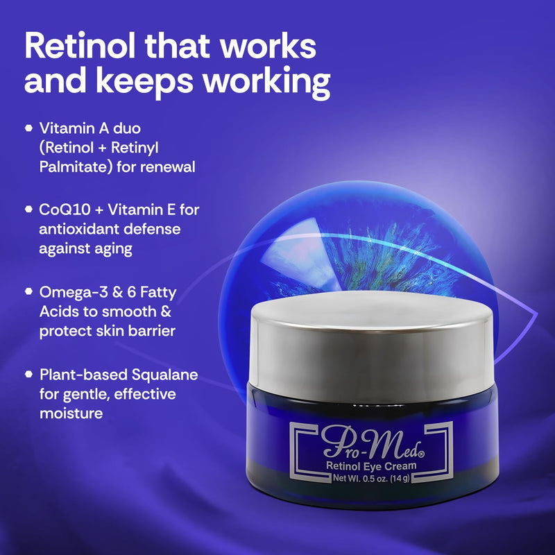 Pro-Med Retinol Eye Cream for Women & Men – With Vitamin A, C, Hyaluronic Acid & Squalane – Anti Aging Eye Treatment for Wrinkles, Crow’s Feet, Puffiness, Dark Circles – 0.5 oz