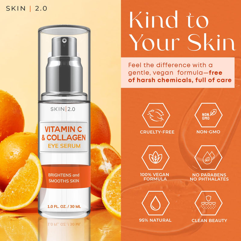 Skin 2.0 Vitamin C & Collagen Under Eye Serum – Dermatologist Tested, Anti Aging Korean Skin Care – Targets Dark Circles, Puffiness & Fine Lines for Smoother, Firmer Eyes – Vegan Clean Beauty, 1 fl oz Vitamin C & Collagen Eye Serum