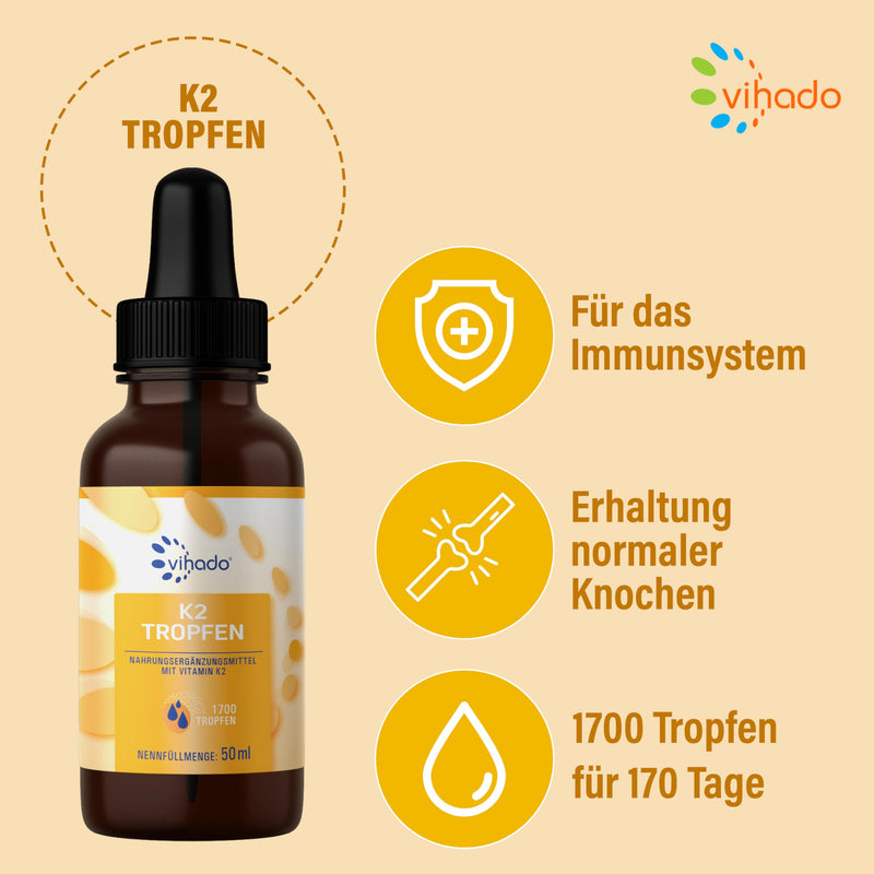 [Australia] - Vihado Vitamin K2 drops high dosage, Premium: MK-7 99.7% All-Trans K2VITAL®, real 200 μg vitamin K2 per daily dose, 50 ml (1700 drops) 