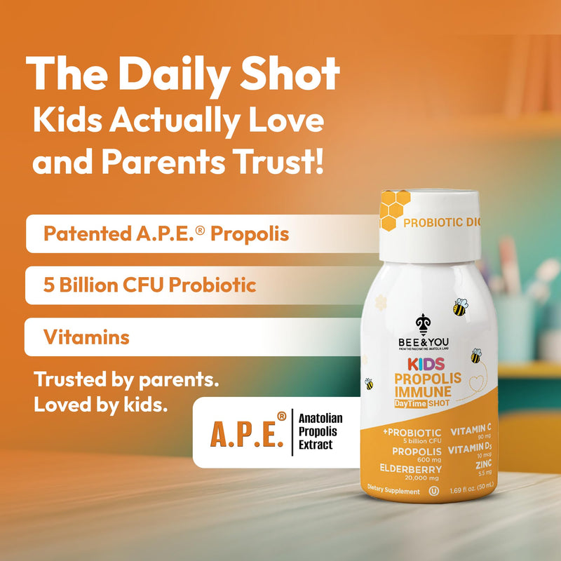 Bee and You Kids Propolis Immune Day Time Shot - Probiotic, Vitamin C, Vitamin D3, Zinc, Immune Support, Gut Health, Digestive Health, 1.69 Fl. oz, 12 Pack Elderberry
