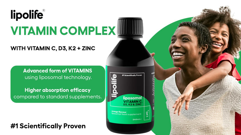 Liposomal Vitamin C, D3, K2 Plus Zinc. Liquid Immune Support with high Absorption. Orange Flavour, Vegan. Made in the UK. lipolife liposomal Supplements, #1 scientifically Proven.