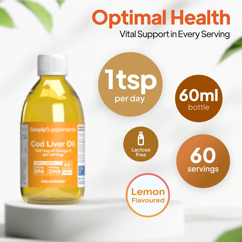 Cod Liver Oil Liquid Supplement | Supports Heart, Brain, Eye & Immune Health | High in DHA & EPA | Natural Lemon Flavour | 60 Servings (60ml) | Made in The UK | Made with MSC-Certified Cod Liver Oil