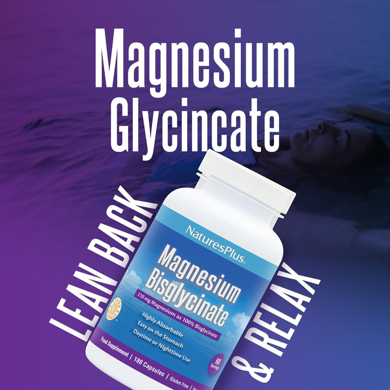 NaturesPlus Magnesium Glycinate Capsules - Gentle Magnesium Supplement, Active Bisglycinate Form - Sleep, Relaxation, Stress Support - Vegan, Gluten Free - 180 Capsules