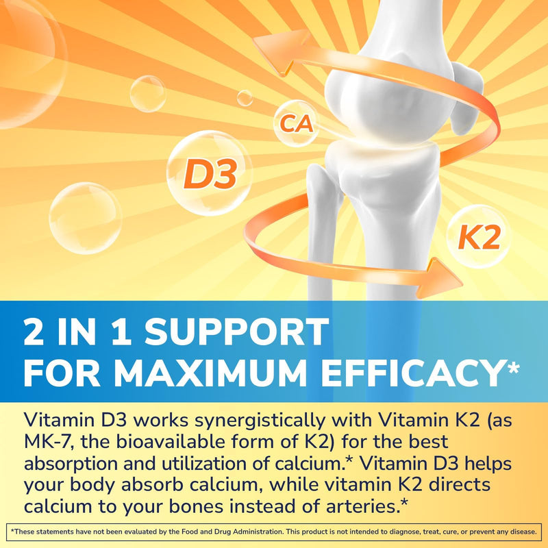 Vitalibre Vitamin D3 K2 Supplement, Vitamin D3 10000 IU & 200 mcg K2 MK7 | Enhanced Calcium Absorption, Bone, Heart, Immune & Mood Support, No Soy, Easy to Swallow, 180 Softgels 180 Count (Pack of 1)