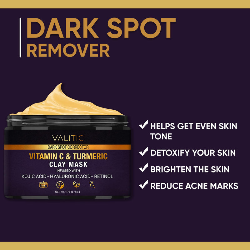 VALITIC Vitamin C & Turmeric Clay Mask - Dark Spot Corrector with Kojic Acid, Hyaluronic Acid & Retinol - Skin Care Routine for Minimizing Pores & Blackheads - with Applicator Brush - 50g 1.76 Ounce (Pack of 1)