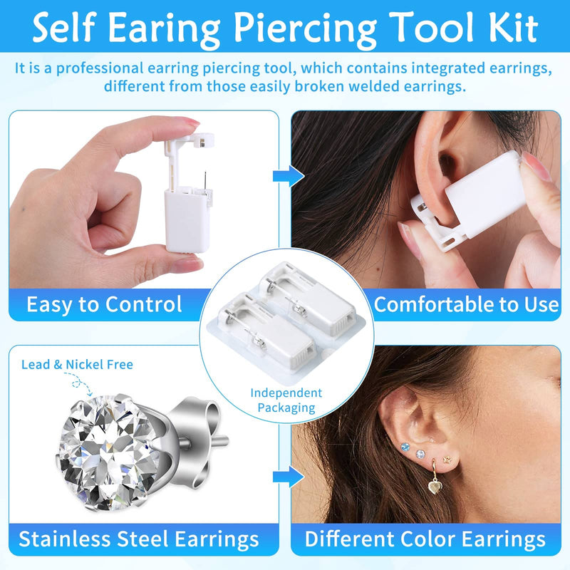 [Australia] - Evatage 10 Packs Self Ear Piercing Kit, Home Piercing Kit Disposable Ear Piercing Gun Kit with Stainless Steel Earring Studs for Pierce Your Own Ears White 