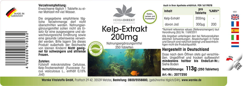 [Australia] - Kelp extract 200mg - 250 tablets - high dosage - vegan - natural iodine | HERBADIREKT by Warnke vital substances - German pharmacy quality 