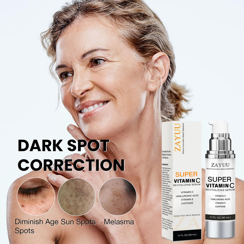 Super Vitamin C Face Serum for Mature Skin: Anti-Aging, Dark Spots 1.7oz | Hydrating Brightening Formula - Vitamin C, Hyaluronic Acid, Vitamin E, Caffeine - Face Lift Serum for Wrinkles 1.7 Fl Oz (Pack of 1)