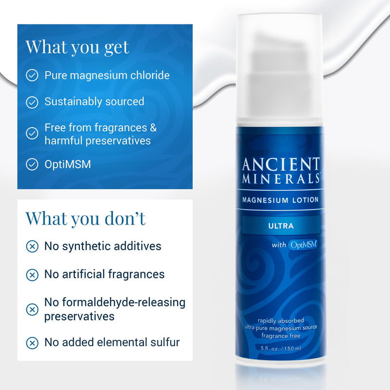 Ancient Minerals Magnesium Lotion Ultra with MSM, Zechstein, 5oz | Zechstein magnesium chloride lotion with OptiMSM for enhanced topical absorption. 5 oz. 5 Ounce (Pack of 1)