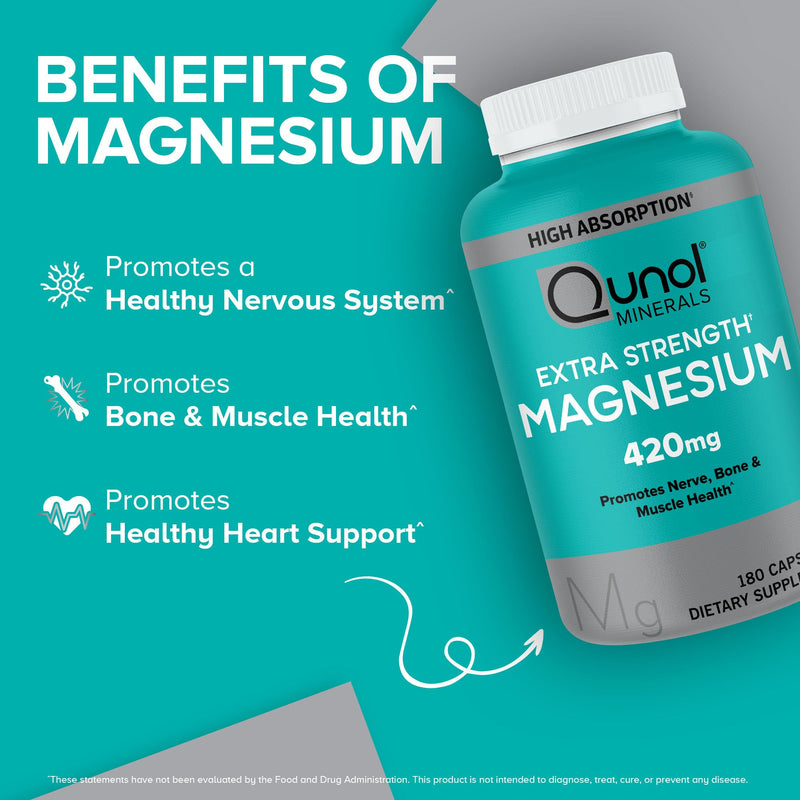 [Australia] - Qunol Magnesium Capsules 420mg, 100% DV, High Absorption Magnesium Supplement, Extra Strength, Bone and Muscle Health Supplement, 180 Count 180 Count (Pack of 1) 