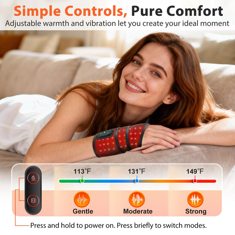 Cordless Wrist Heating Pad with Massage & Red Light, FSA - HSA Eligible Rechargeable Heated Wrist Brace Wrap for Carpal Tunnel, Arthritis, Wrist Massager for Pain Relief, 3 Heat & Vibration Modes Black