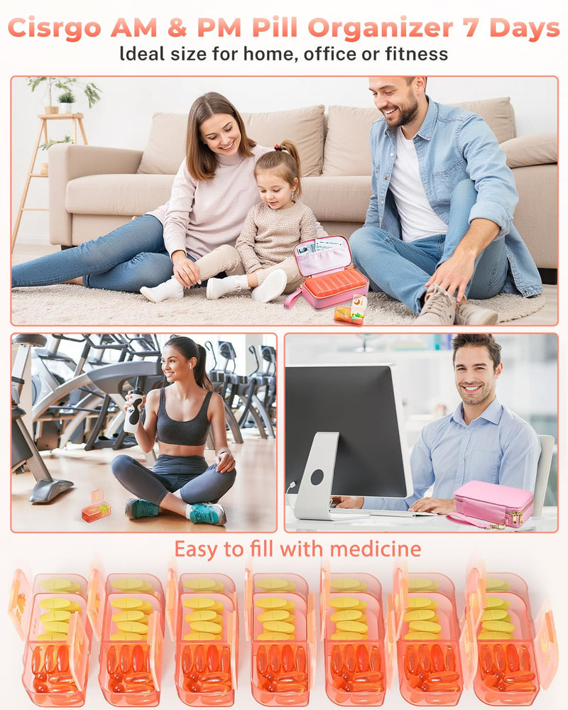 Pill Organizer 2 Times a Day (AM PM), Weekly Pill Box with PU Leather Case, Stylish Portable Medicine Organizer for Purse, Vitamins & Supplements (Pink) Pink